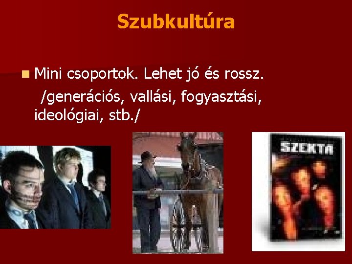 Szubkultúra n Mini csoportok. Lehet jó és rossz. /generációs, vallási, fogyasztási, ideológiai, stb. /