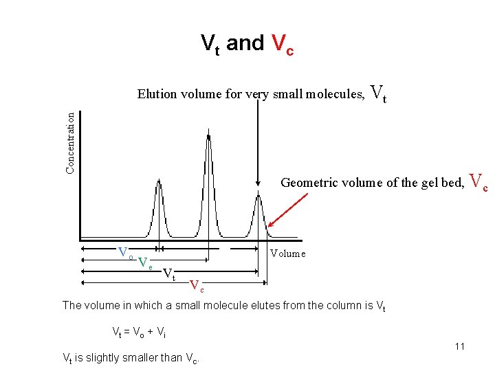 Vt and Vc Concentration Elution volume for very small molecules, Vt Geometric volume of