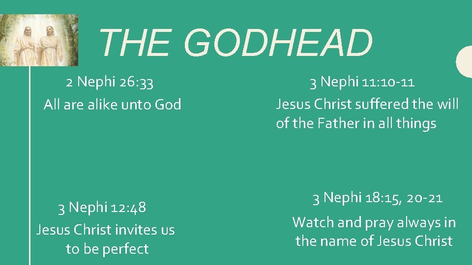 THE GODHEAD 2 Nephi 26: 33 All are alike unto God 3 Nephi 12: