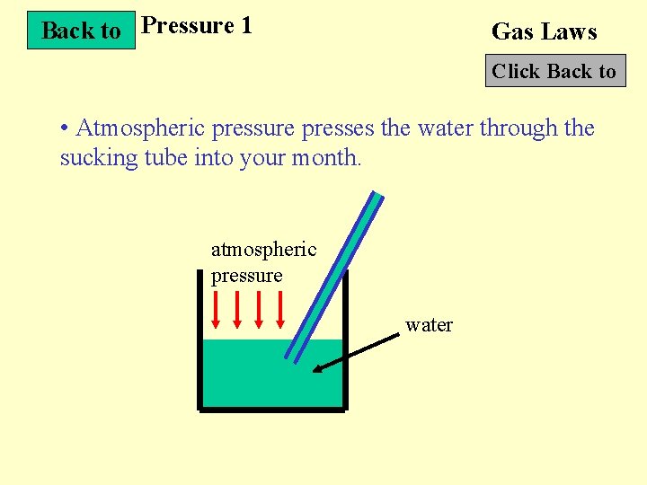 Back to Pressure 1 Gas Laws Click Back to • Atmospheric pressure presses the