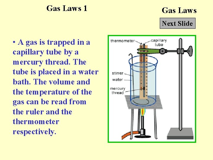 Gas Laws 1 Gas Laws Next Slide • A gas is trapped in a
