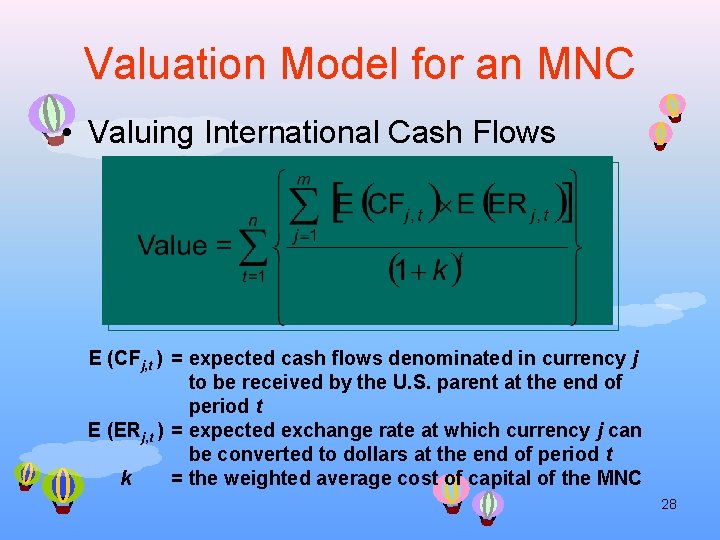 Valuation Model for an MNC • Valuing International Cash Flows E (CFj, t )