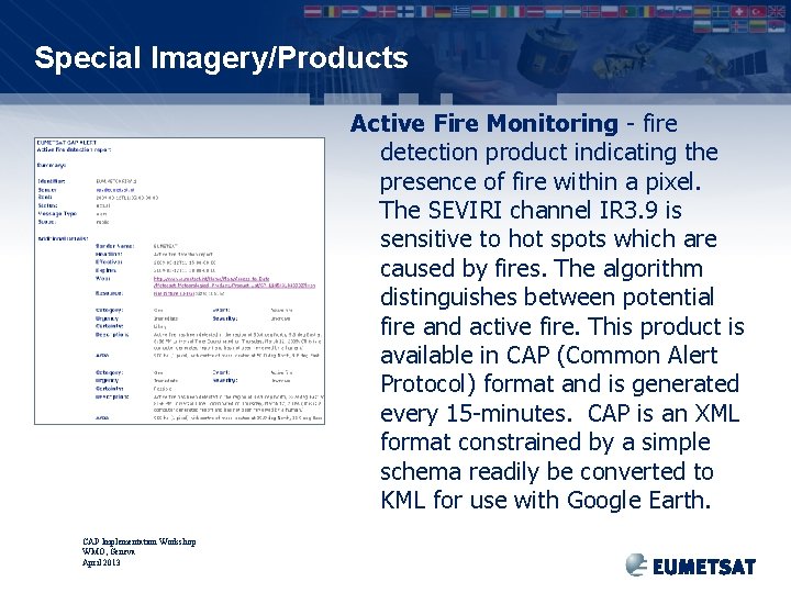 Special Imagery/Products Active Fire Monitoring - fire detection product indicating the presence of fire