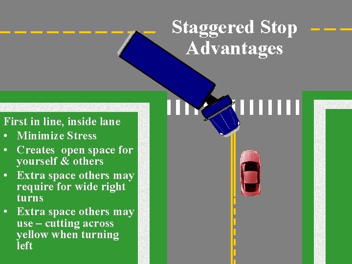Staggered Stop Advantages First in line, inside lane • Minimize Stress • Creates open