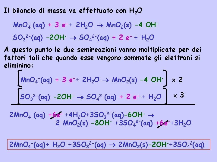 Il bilancio di massa va effettuato con H 2 O Mn. O 4 -(aq)