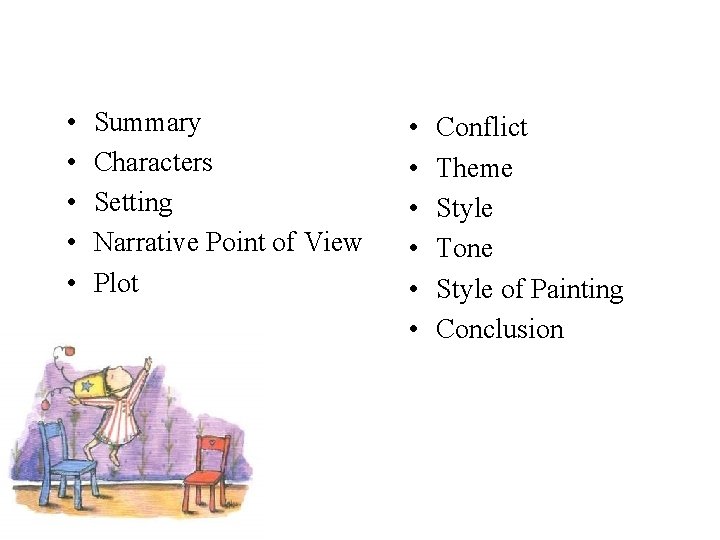 • • • Summary Characters Setting Narrative Point of View Plot • • • • • Summary Characters Setting Narrative Point of View Plot • •