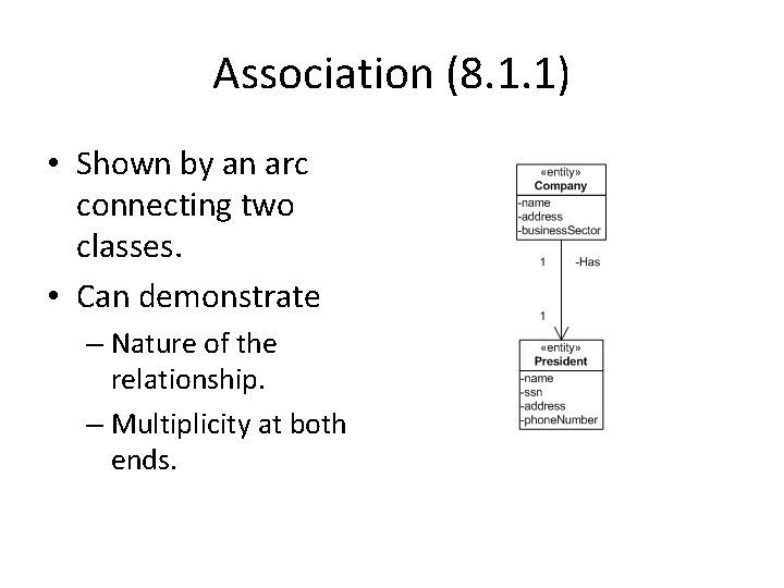 Association (8. 1. 1) • Shown by an arc connecting two classes. • Can