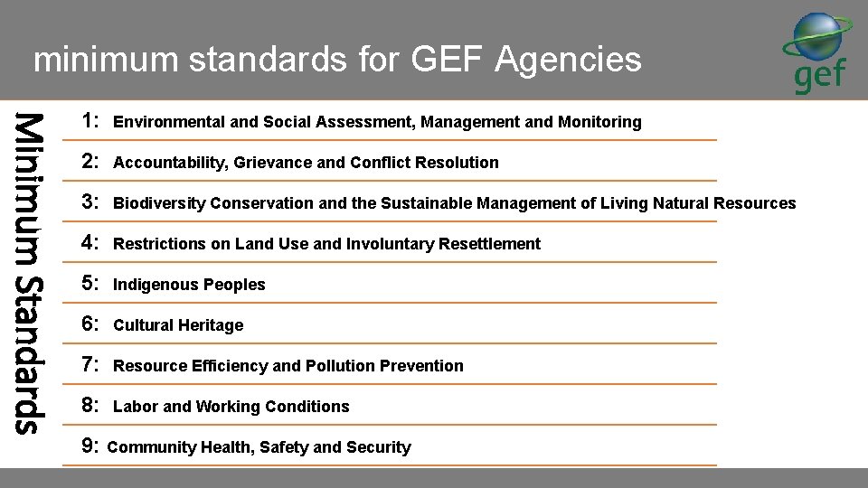 minimum standards for GEF Agencies Minimum Standards 1: Environmental and Social Assessment, Management and