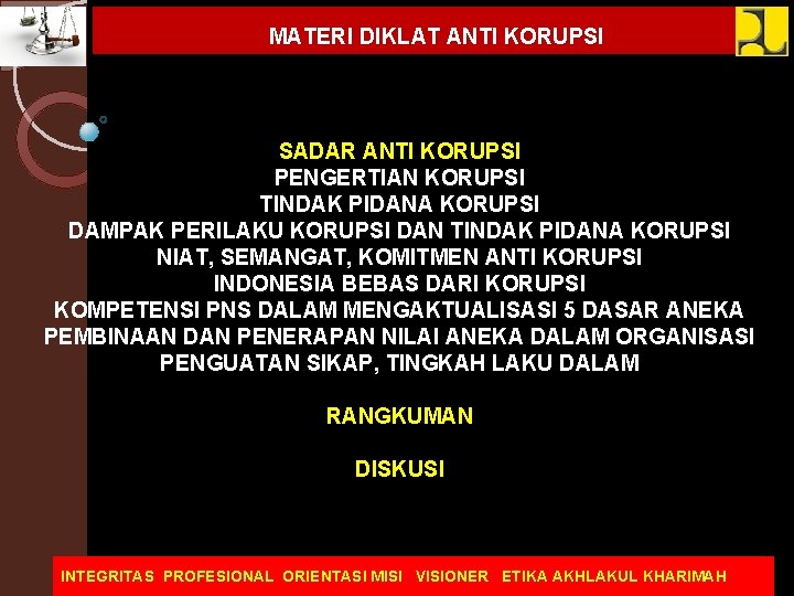 MATERI DIKLAT ANTI KORUPSI SADAR ANTI KORUPSI PENGERTIAN KORUPSI TINDAK PIDANA KORUPSI DAMPAK PERILAKU