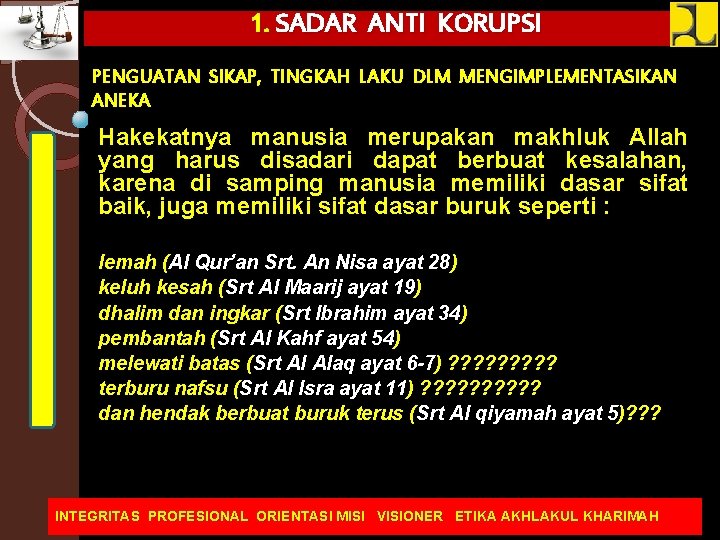 1. SADAR ANTI KORUPSI PENGUATAN SIKAP, TINGKAH LAKU DLM MENGIMPLEMENTASIKAN ANEKA Hakekatnya manusia merupakan