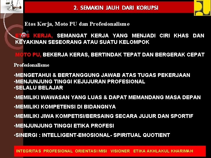 2. SEMAKIN JAUH DARI KORUPSI Etos Kerja, Moto PU dan Profesionalisme ETOS KERJA, SEMANGAT