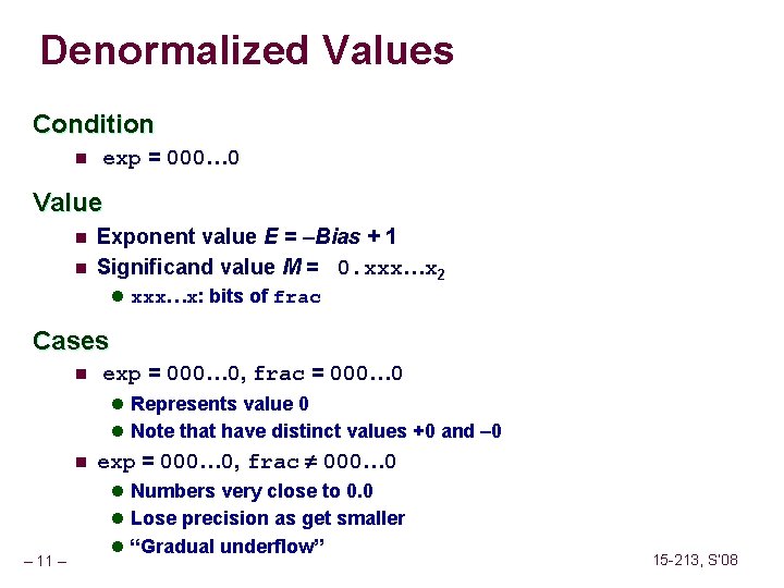 Denormalized Values Condition n exp = 000… 0 Value n n Exponent value E