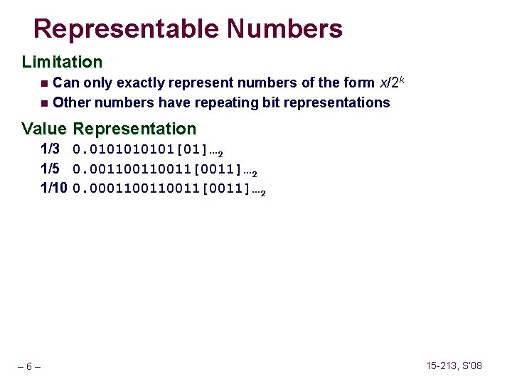 Representable Numbers Limitation Can only exactly represent numbers of the form x/2 k n Representable Numbers Limitation Can only exactly represent numbers of the form x/2 k n