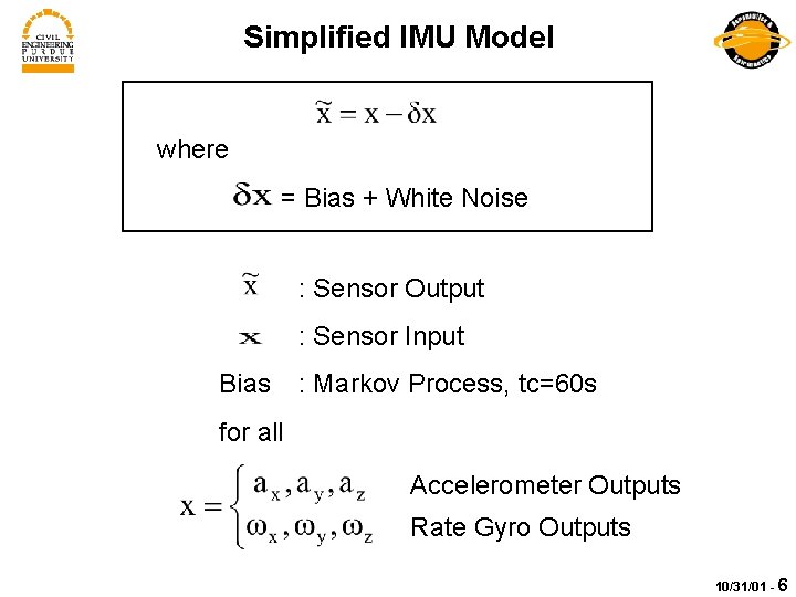 Simplified IMU Model where = Bias + White Noise : Sensor Output : Sensor