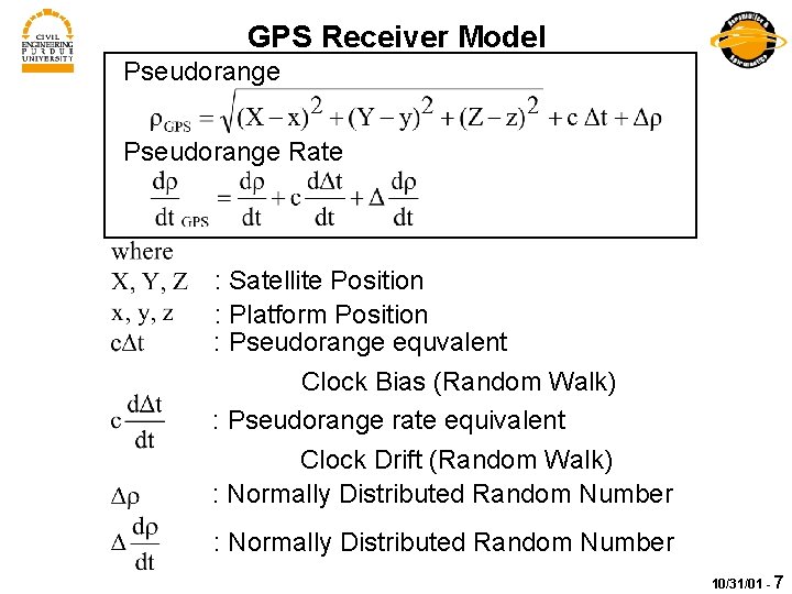 GPS Receiver Model Pseudorange Rate : Satellite Position : Platform Position : Pseudorange equvalent