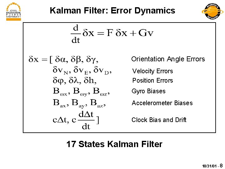Kalman Filter: Error Dynamics Orientation Angle Errors Velocity Errors Position Errors Gyro Biases Accelerometer