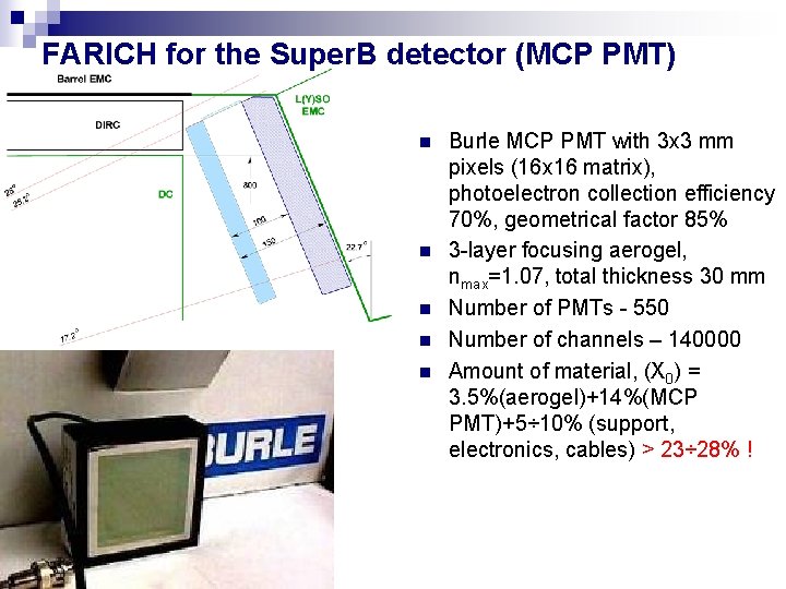 FARICH for the Super. B detector (MCP PMT) n n n Burle MCP PMT