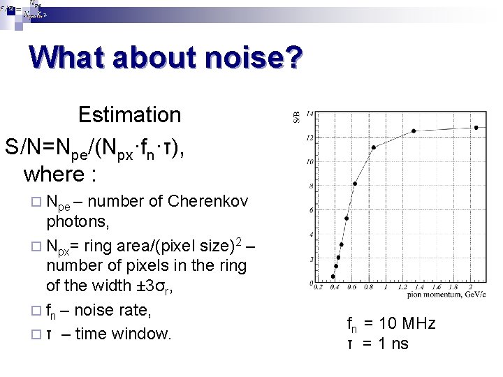 What about noise? Estimation S/N=Npe/(Npx·fn·τ), where : ¨ Npe – number of Cherenkov photons,