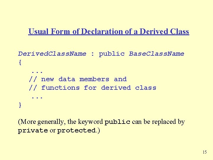 Usual Form of Declaration of a Derived Class Derived. Class. Name : public Base.