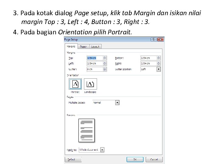 3. Pada kotak dialog Page setup, klik tab Margin dan isikan nilai margin Top