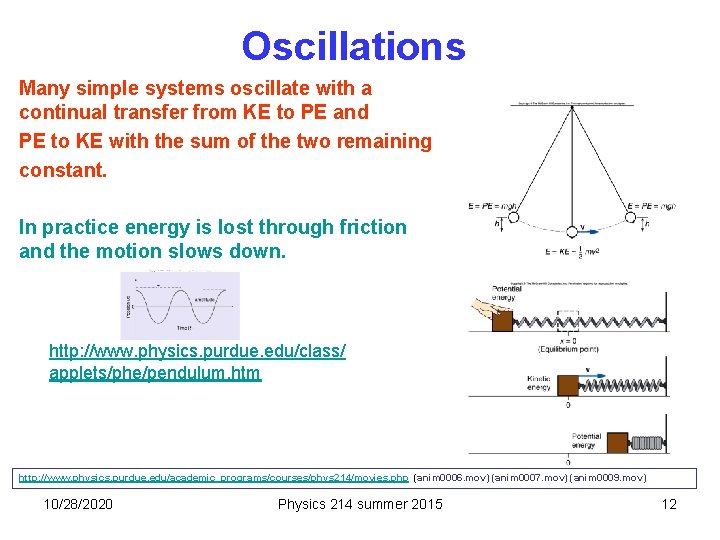 Oscillations Many simple systems oscillate with a continual transfer from KE to PE and