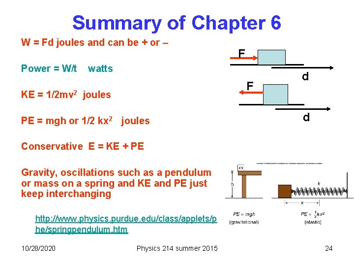 Summary of Chapter 6 W = Fd joules and can be + or –