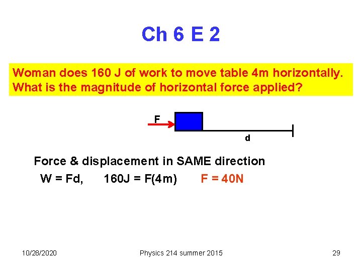 Ch 6 E 2 Woman does 160 J of work to move table 4