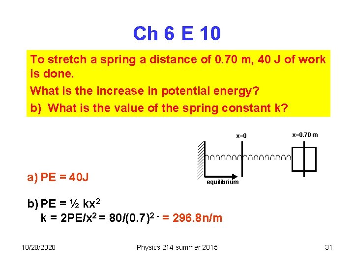 Ch 6 E 10 To stretch a spring a distance of 0. 70 m,