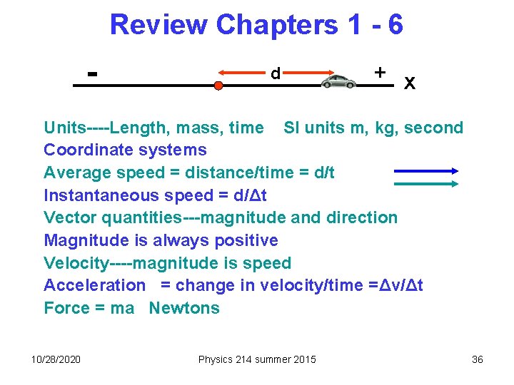 Review Chapters 1 - 6 - d + x Units----Length, mass, time SI units