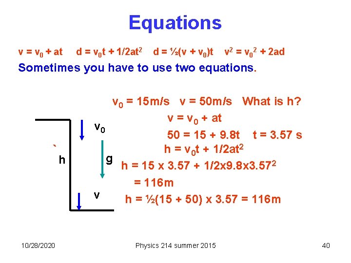Equations v = v 0 + at d = v 0 t + 1/2