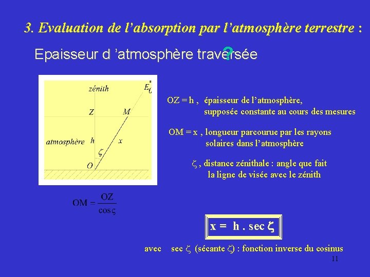 3. Evaluation de l’absorption par l’atmosphère terrestre : Epaisseur d ’atmosphère traversée ? OZ