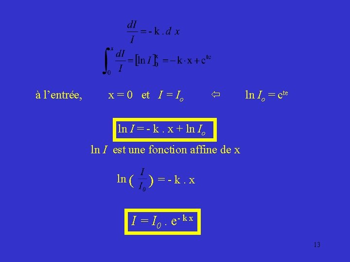à l’entrée, x = 0 et I = Io ln Io = cte ln