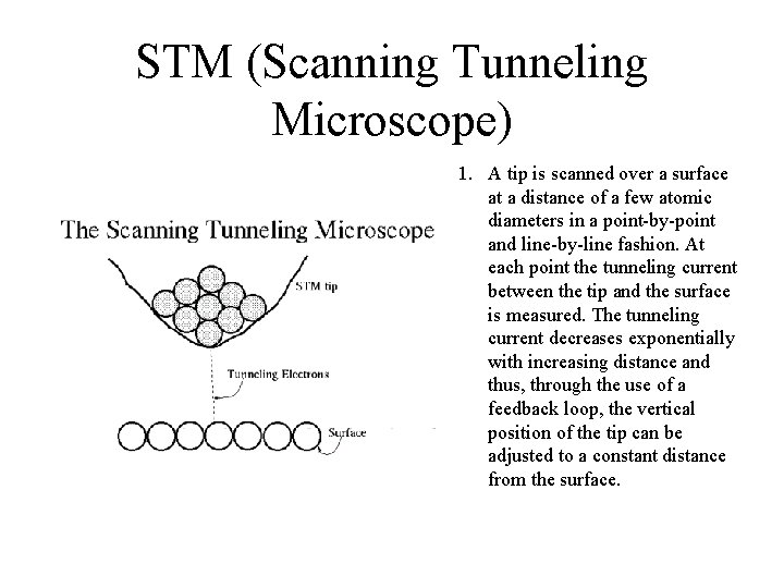 STM (Scanning Tunneling Microscope) 1. A tip is scanned over a surface at a