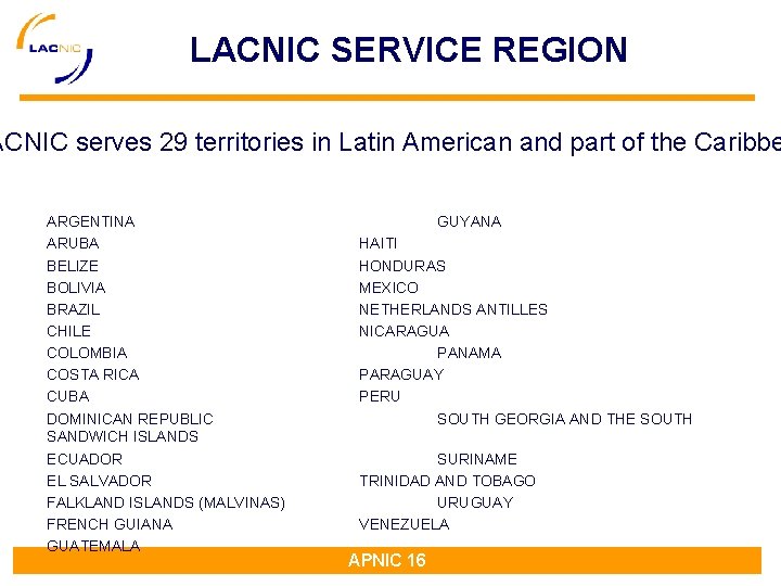 LACNIC SERVICE REGION ACNIC serves 29 territories in Latin American and part of the LACNIC SERVICE REGION ACNIC serves 29 territories in Latin American and part of the