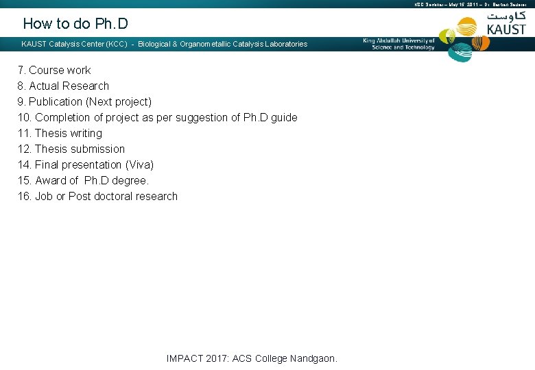 KCC Seminar – May 15, 2011 – Dr. Bastian Sauerer How to do Ph.