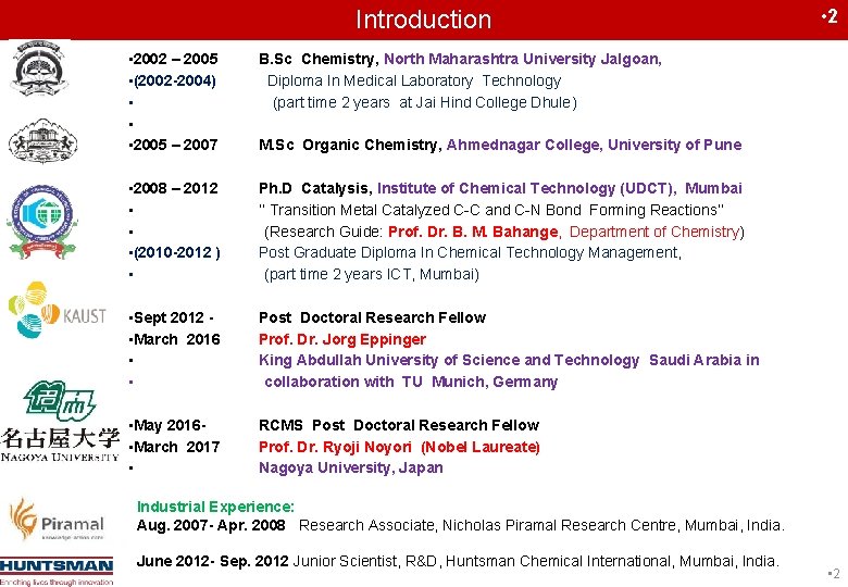 Introduction • 2002 – 2005 B. Sc Chemistry, North Maharashtra University Jalgoan, • (2002