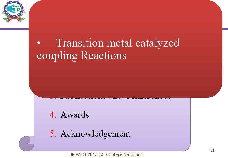  • Transition metal catalyzed coupling Reactions 1. Introduction 2. Work done 3. Publications