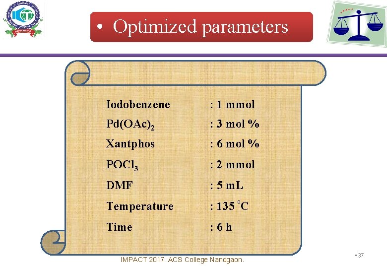  • Optimized parameters Iodobenzene : 1 mmol Pd(OAc)2 : 3 mol % Xantphos