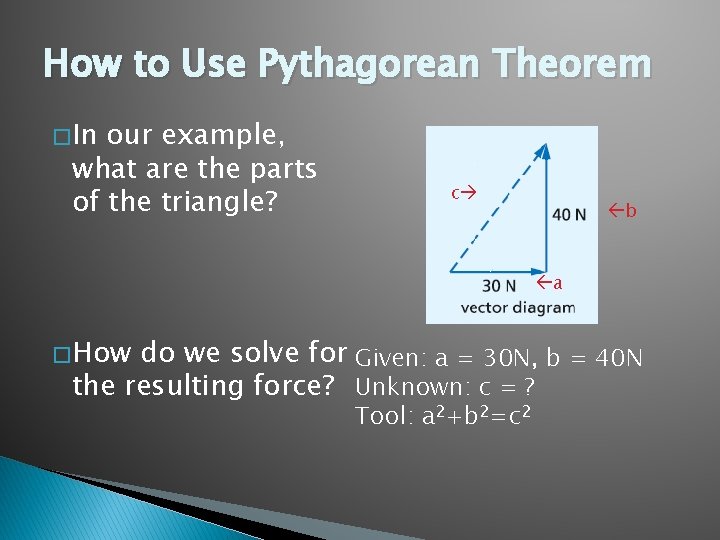 How to Use Pythagorean Theorem � In our example, what are the parts of