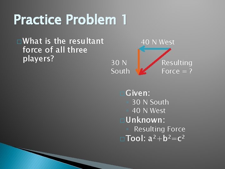 Practice Problem 1 � What is the resultant force of all three players? 30