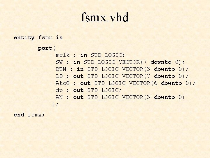 fsmx. vhd entity fsmx is port( mclk : in STD_LOGIC; SW : in STD_LOGIC_VECTOR(7