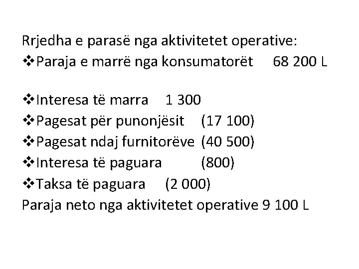 Rrjedha e parasë nga aktivitetet operative: v. Paraja e marrë nga konsumatorët 68 200 Rrjedha e parasë nga aktivitetet operative: v. Paraja e marrë nga konsumatorët 68 200