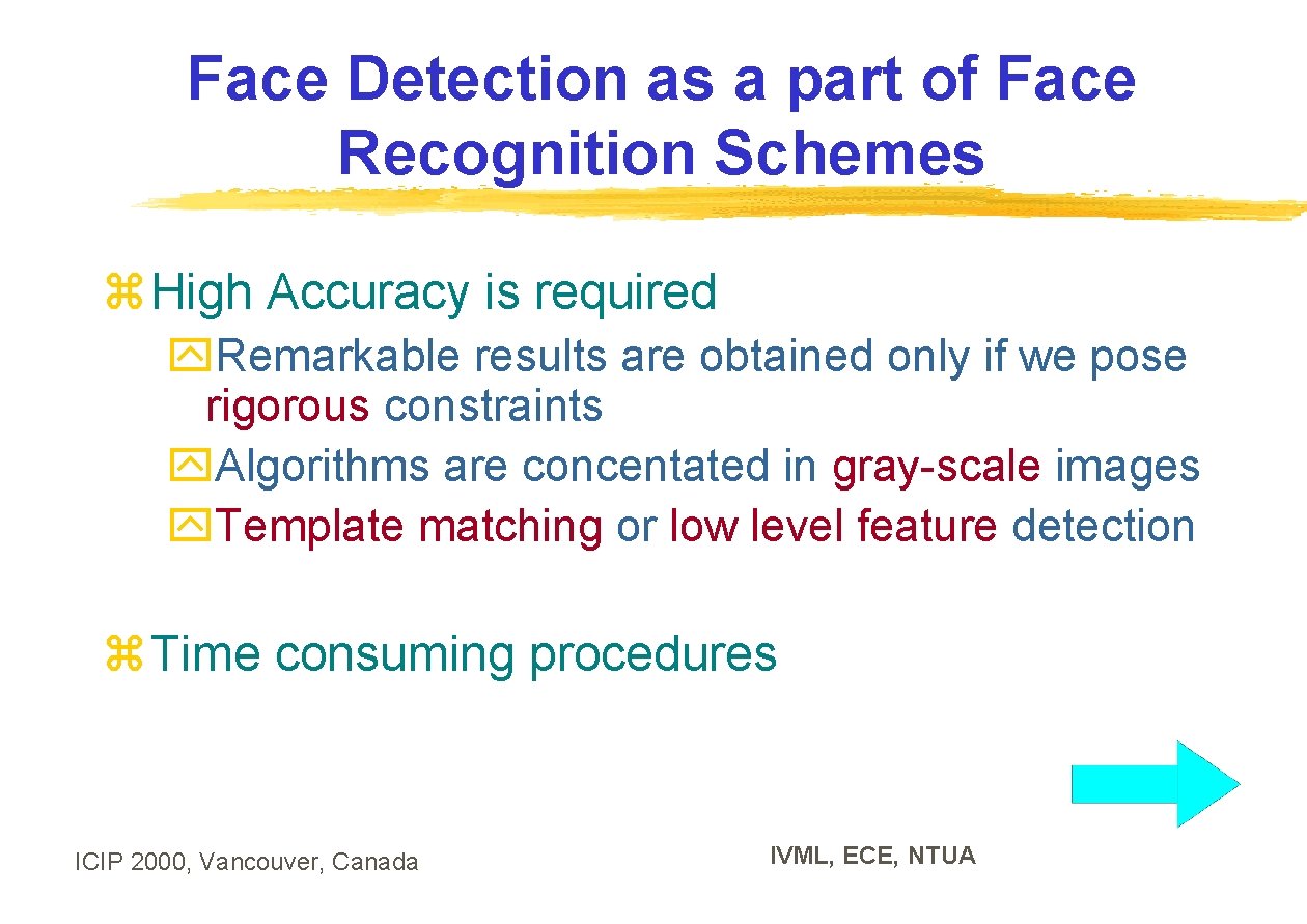 Face Detection as a part of Face Recognition Schemes z High Accuracy is required