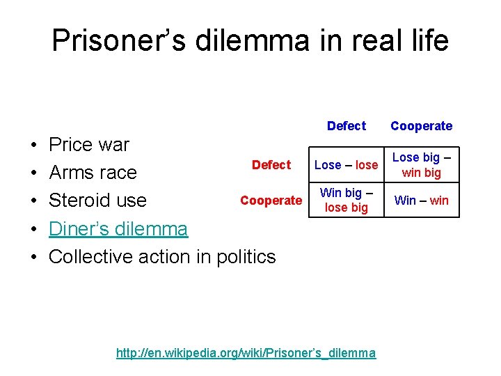 Prisoner’s dilemma in real life • • • Price war Defect Arms race Cooperate