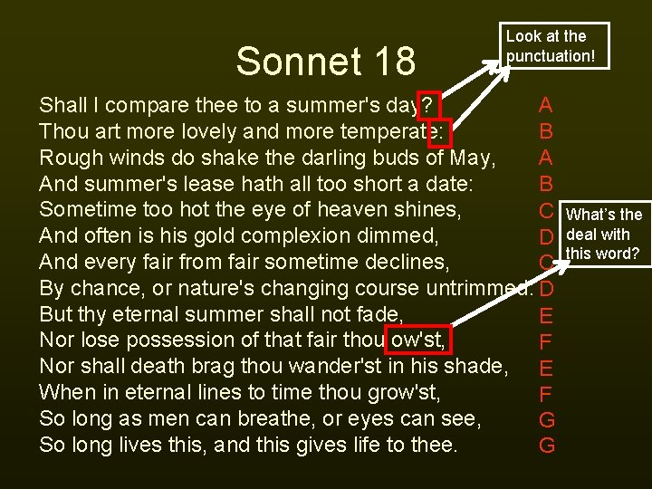 Sonnet 18 Look at the punctuation! A Shall I compare thee to a summer's