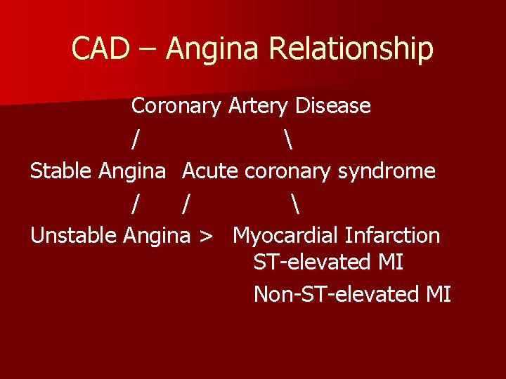 CAD – Angina Relationship Coronary Artery Disease /  Stable Angina Acute coronary syndrome