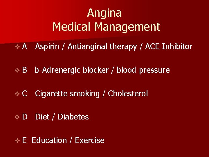 Angina Medical Management v. A Aspirin / Antianginal therapy / ACE Inhibitor v. B