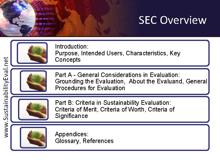 www. Sustainability. Eval. net SEC Overview Introduction: Purpose, Intended Users, Characteristics, Key Concepts Part