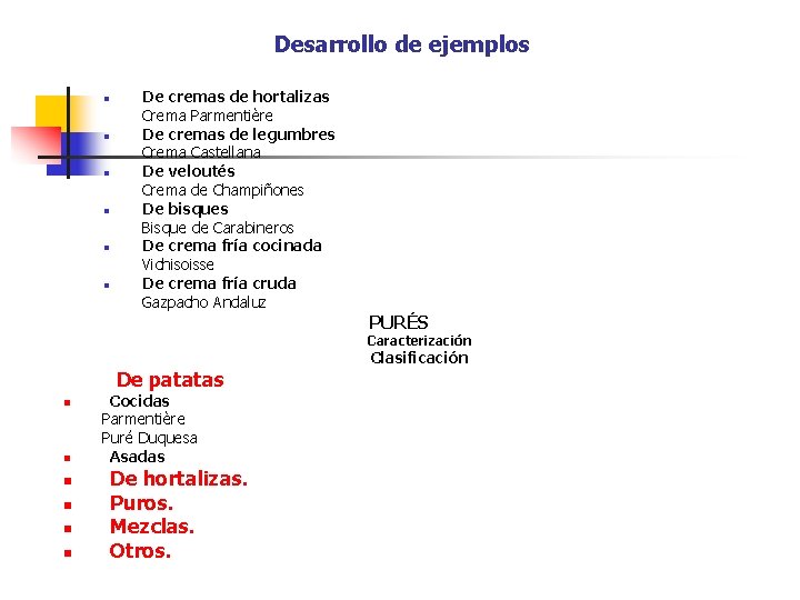 Desarrollo de ejemplos n n n De cremas de hortalizas Crema Parmentière De cremas