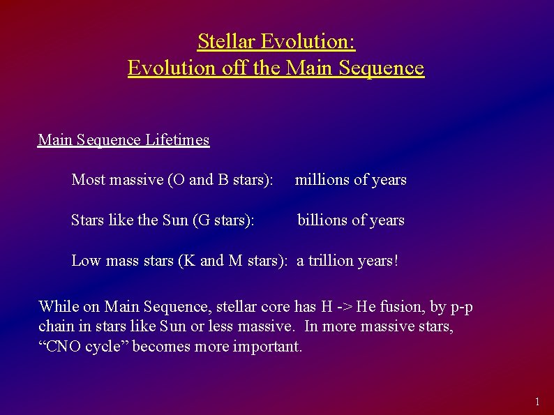 Stellar Evolution: Evolution off the Main Sequence Lifetimes Most massive (O and B stars):